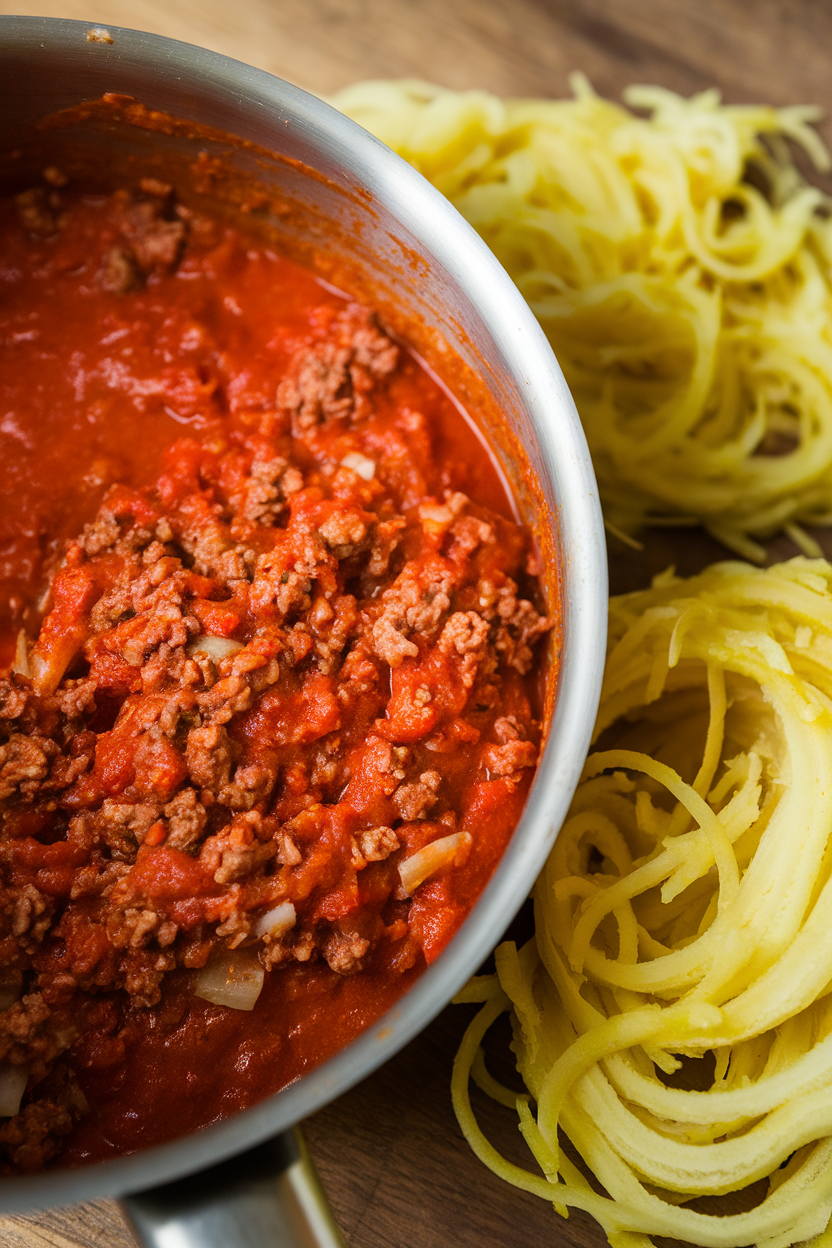 Indoor photo of thick tomato meat sauce in a saucepan beside cooked spaghetti squash strands; no text or logos