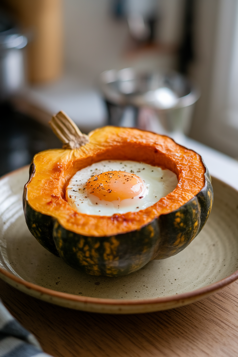 Half acorn squash roasted and filled with a baked egg, maple glaze caramelized on the edges, placed on an indoor ceramic plate, no logos.