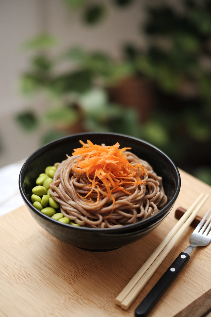 An indoor bowl of soba noodles tossed with edamame, shredded carrots, and a ginger miso dressing. No text or logos.