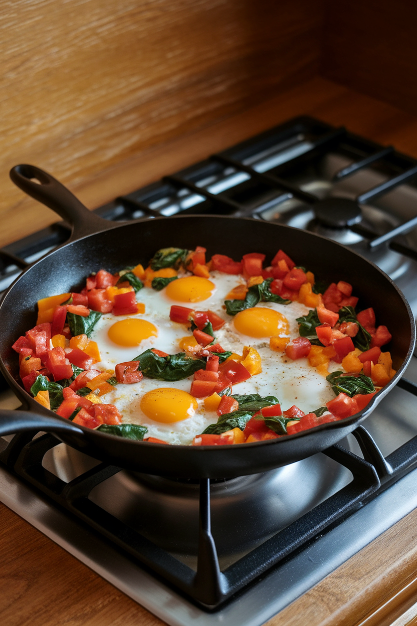 Indoor stovetop shot of a non-stick skillet filled with fluffy egg whites, diced bell peppers, spinach, and tomatoes; soft under-cabinet lighting. No text or brand markings; photo, not illustration.