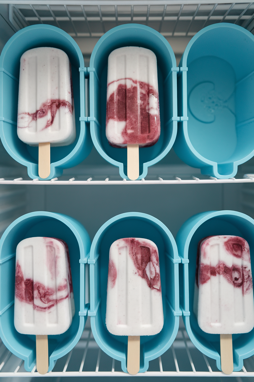 An indoor freezer shelf containing white popsicles with visible berry swirls in silicone molds, no text or logos.