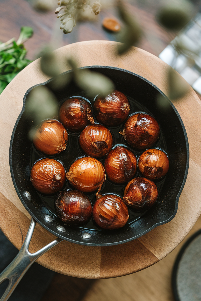 A small indoor skillet of glossy pearl onions coated in balsamic reduction, photographed overhead. No text or logos anywhere.