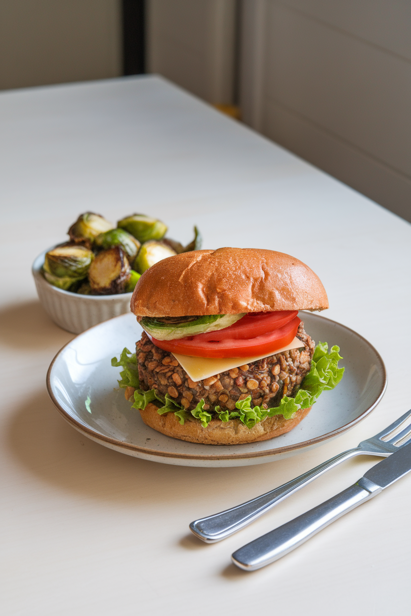 Photo of a lentil-walnut burger with visible mushroom pieces, plated with a side of roasted Brussels sprouts indoors; no text or logos; photo, not illustration
