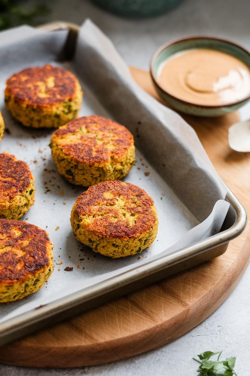 Indoor photo of golden baked falafel patties on a parchment-lined tray with a bowl of tahini sauce; no text or logos.