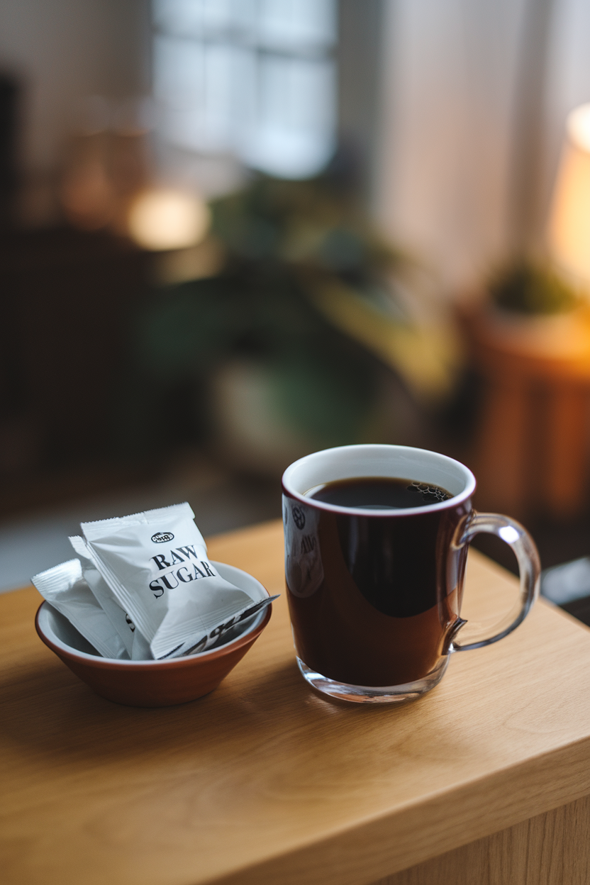 An indoor coffee mug filled with black coffee alongside a small dish of raw sugar packets turned face-down to hide text, no logos.