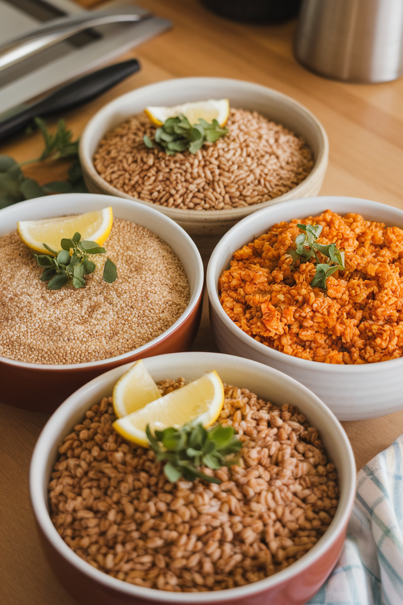 Three cooked grains—quinoa, farro, and bulgur—in side-by-side bowls on a kitchen table, indoor lighting. No text or logos. Photo, not illustration.