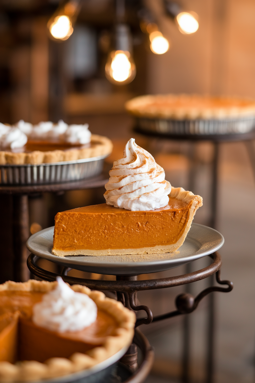An indoor pie stand holding a classic pumpkin pie slice crowned with a tall swirl of coconut whipped cream, cinnamon dusted. This should be a photo, not an illustration. No text or logos anywhere in the scene.