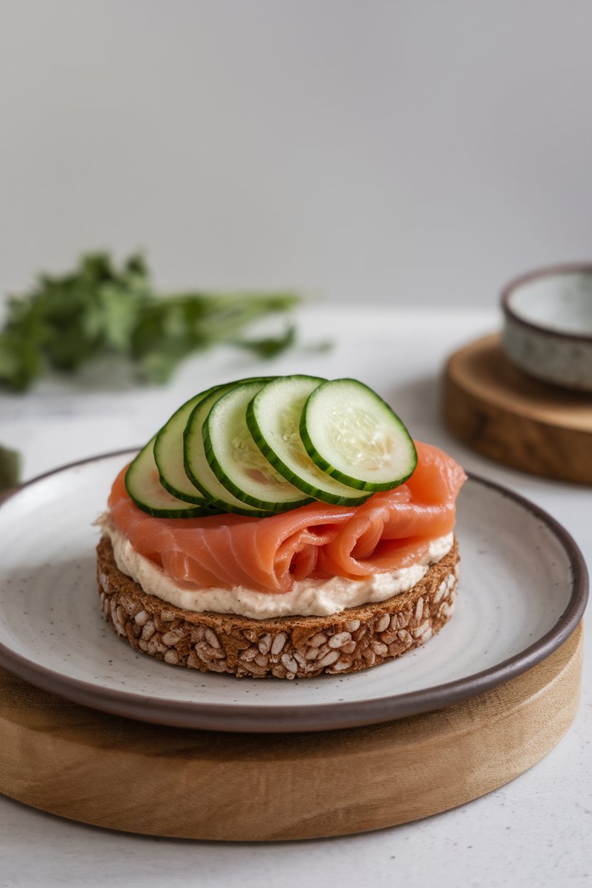 A small indoor plate featuring a brown rice cake layered with creamy spread, cooked smoked salmon, and thin cucumber ribbons arranged neatly on top. No logos or text present.