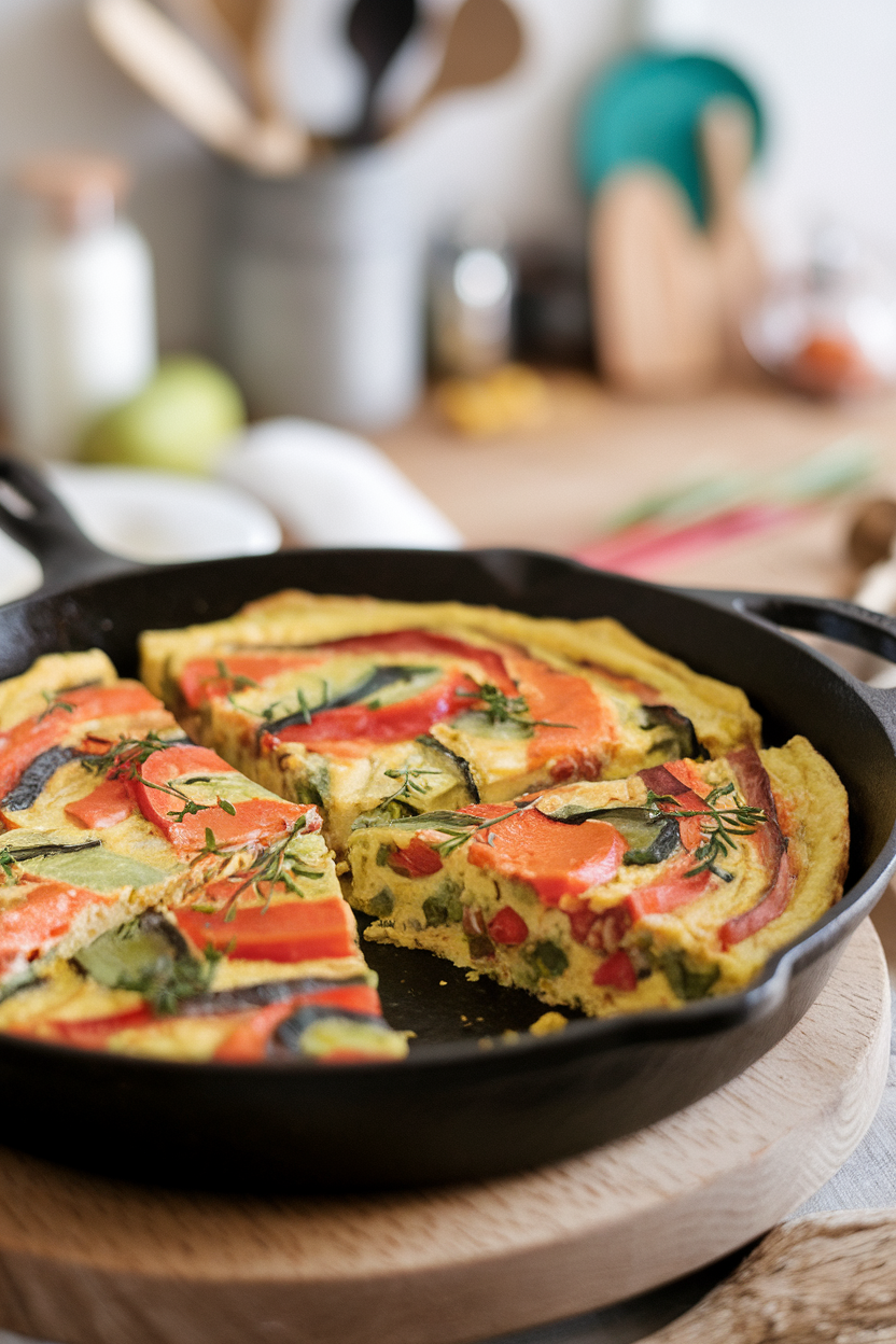 Indoor cast-iron skillet containing a colorful vegetable frittata cut into wedges, herbs sprinkled on top; no text or logos, photo style.