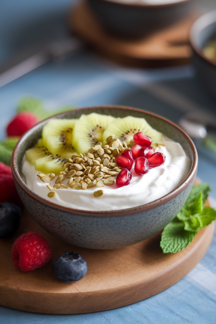 Indoor bowl photo of thick yogurt topped with hemp hearts, sliced kiwi, and pomegranate seeds, no text or logos.