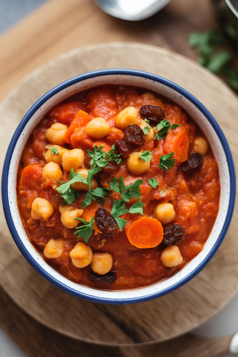 Indoor bowl of tomato-based chickpea stew with visible carrots and raisins, sprinkled with fresh parsley, shot overhead. No text or logos.