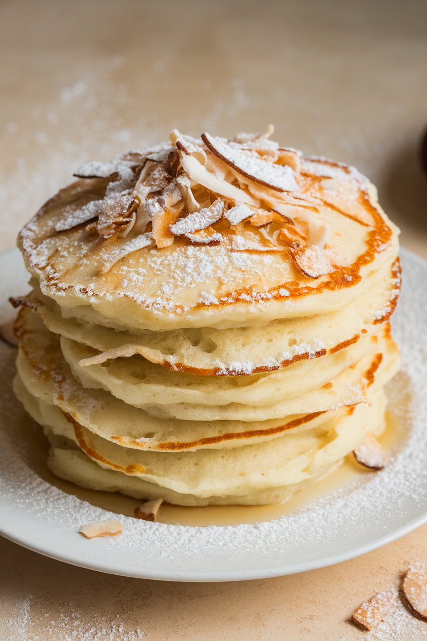 Indoor photo of fluffy white coconut pancakes showered with shredded coconut and powdered sugar resembling snow; no text or logos.