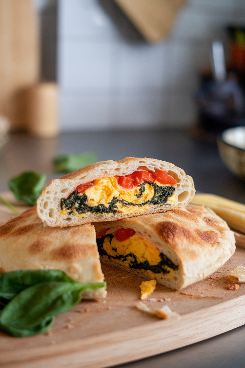 Indoor cutting board with a sliced mini calzone revealing scrambled egg, spinach, and tomato inside. No text or logos.