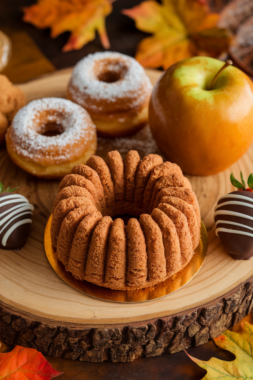 An indoor autumn-style dessert board with a ring slice of cider cake rolled in cinnamon sugar, mimicking a doughnut. No text or logos. Photo, not illustration.