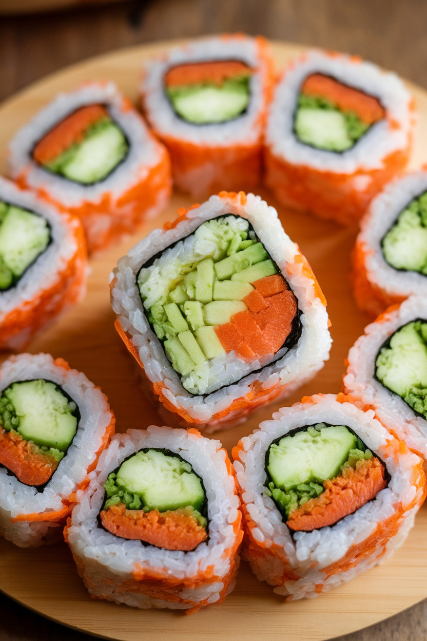 Indoor sushi board with sliced brown rice veggie rolls showing avocado, cucumber, and carrot centers. No text or logos present.