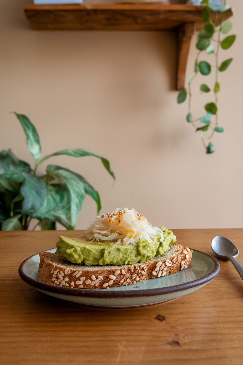 A wood dining table indoors with a slice of toasted whole-grain sourdough topped with mashed avocado and a small mound of sauerkraut, sprinkled with sesame seeds. No text or logos in view; photograph.