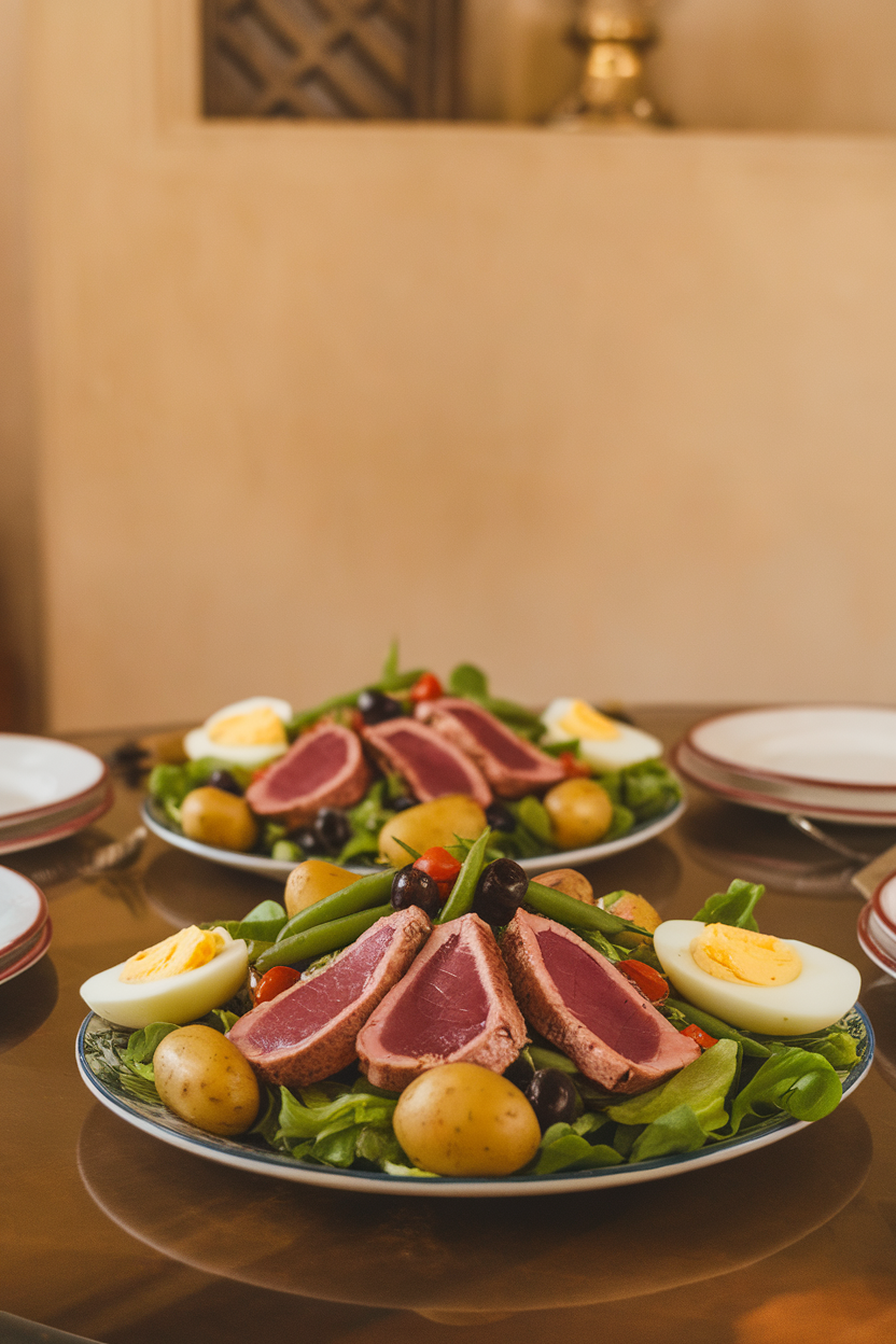 Photo of an indoor dining table displaying a composed Nicoise salad with cooked seared tuna slices, green beans, baby potatoes, olives, and hard-boiled eggs arranged artfully on greens. No text or logos in view.