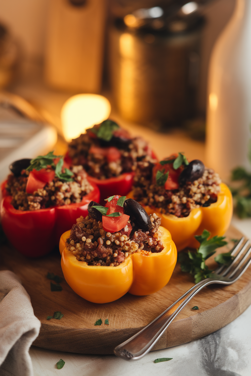 Warmly lit indoor setting featuring halved bell peppers filled with cooked beef, quinoa, olives, and chopped tomatoes, garnished with parsley—no text or logos.
