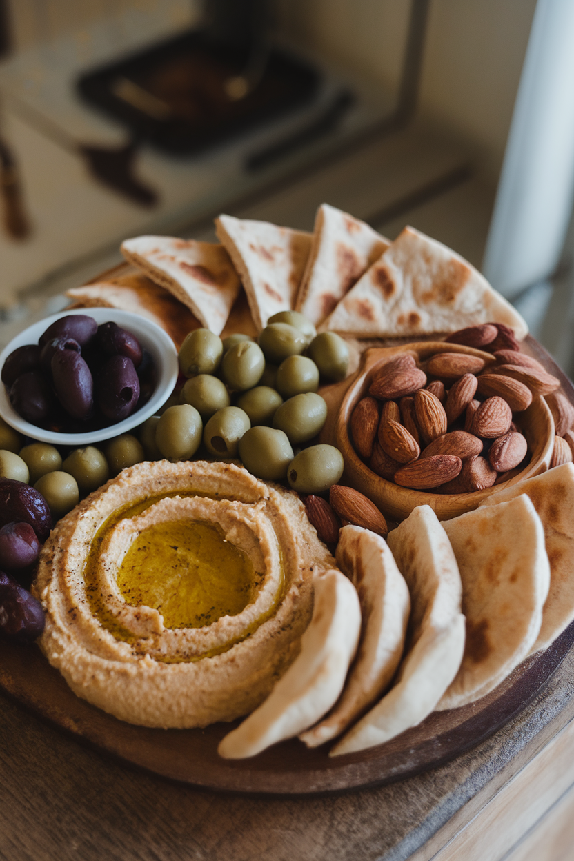 Indoor arrangement with a board featuring hummus, baba ghanoush, pita triangles, olives, and roasted almonds; no logos