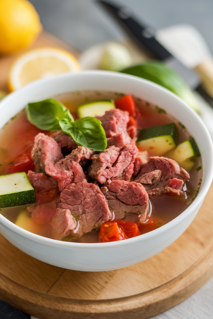 An indoor soup bowl containing lean beef chunks, diced tomatoes, zucchini, and fresh basil leaves floating in light broth. No logos; photo.</p