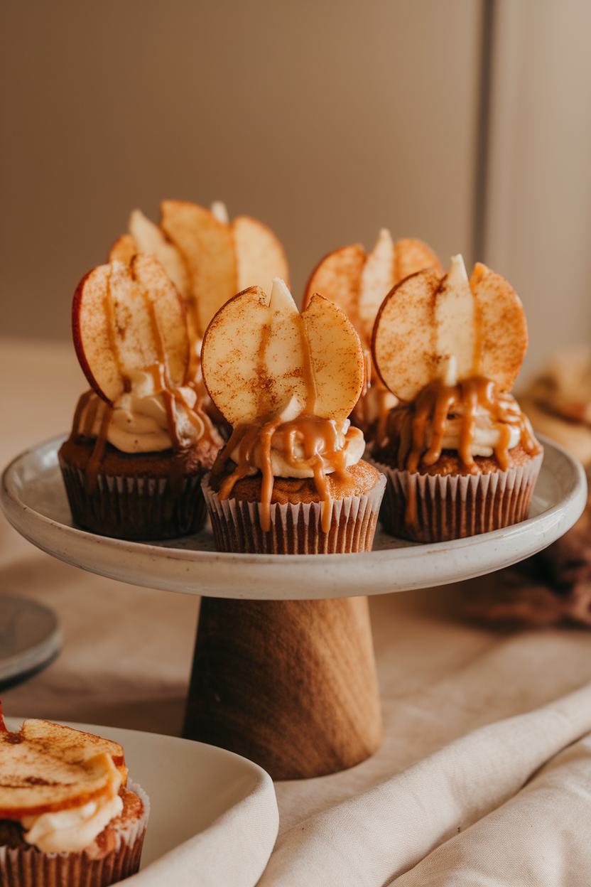 Photo of indoor dessert plate with cupcakes drizzled in caramel, topped by cinnamon-sugar apple chip slices standing upright, no text or logos.