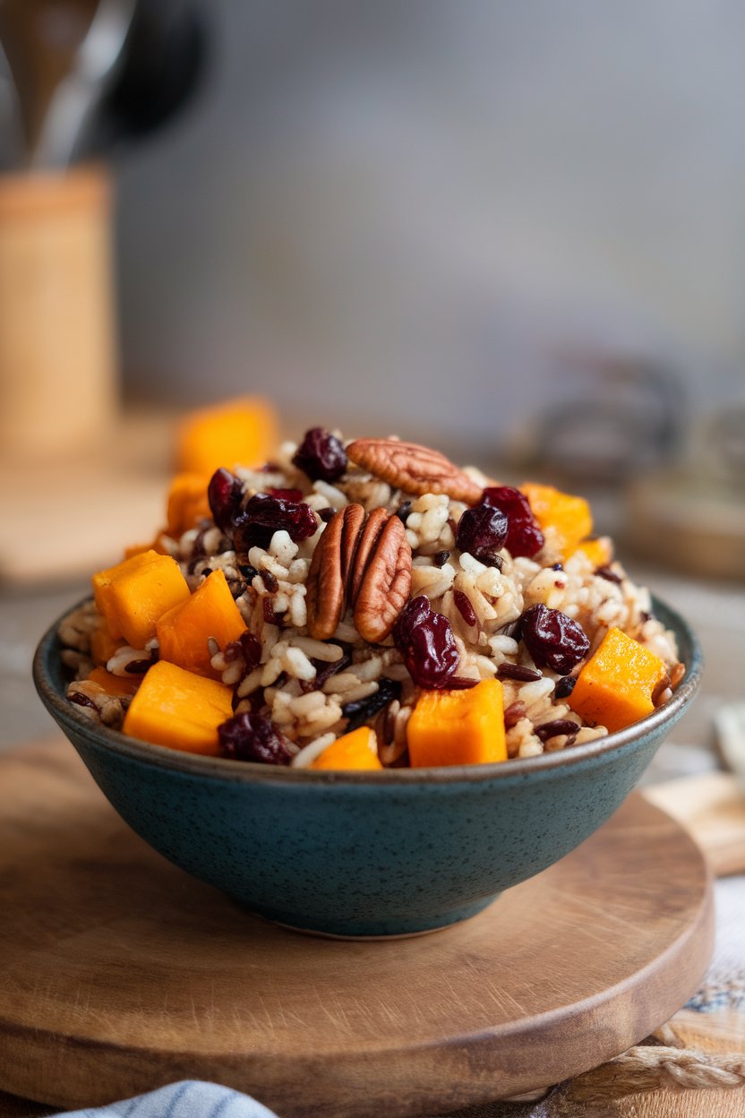 An indoor bowl containing wild rice blend, cubes of roasted butternut squash, dried cranberries, and toasted pecans. No text or logos.