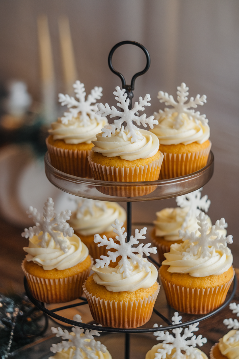 Frosted lemon cupcakes with delicate white sugar snowflakes on top, displayed indoors on a tiered stand. No logos or text.