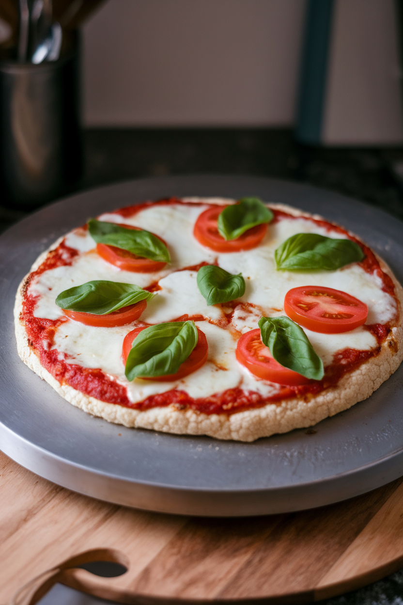 Indoor pizza stone holding a cauliflower-crust Margherita pizza topped with melted mozzarella, tomato slices, and basil. No text or logos. Photo, not illustration.