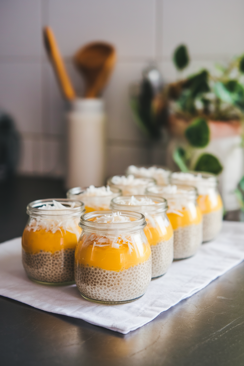 A row of small glass jars on an indoor countertop filled with creamy mango coconut chia pudding, sprinkled with shredded coconut. No text or logos.