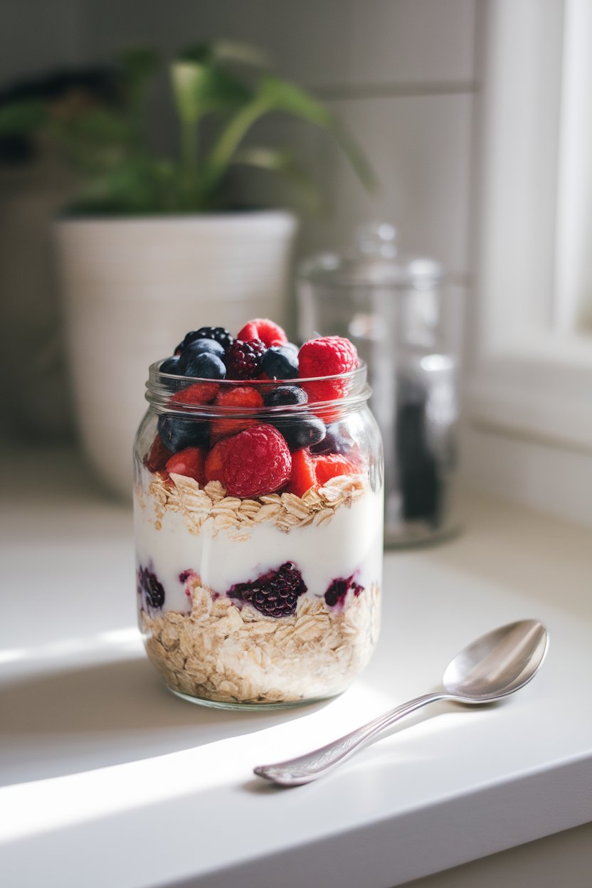 A softly lit indoor kitchen counter with a glass jar layered with oats, almond milk, and fresh mixed berries; a silver spoon rests nearby. Photo, no text or logos.
