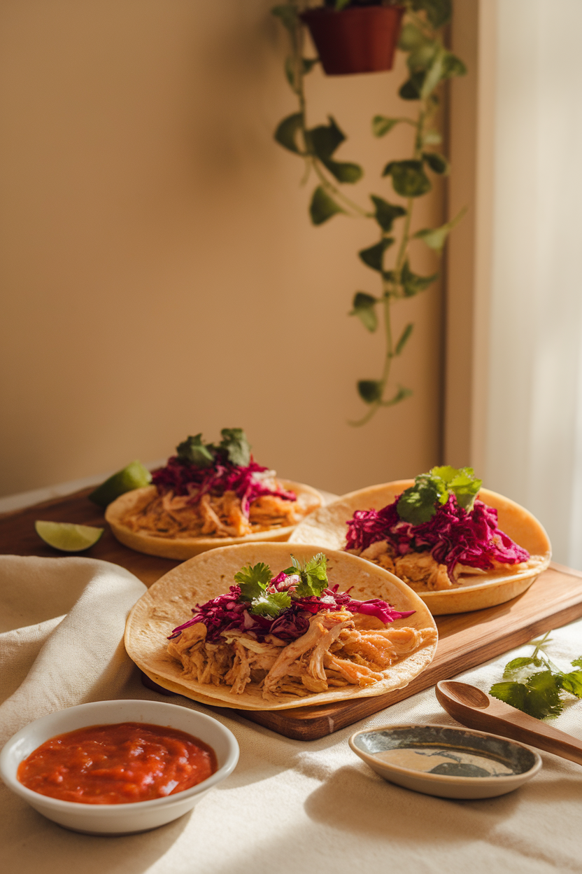 A warmly lit indoor table showing corn tortillas filled with shredded honey-lime chicken, red cabbage slaw, and cilantro sprigs. No text or logos. Photo, not illustration.