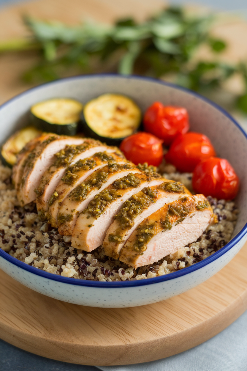 Indoor bowl holding sliced pesto-coated chicken breast with roasted zucchini and cherry tomatoes on quinoa, overhead. No text or logos.