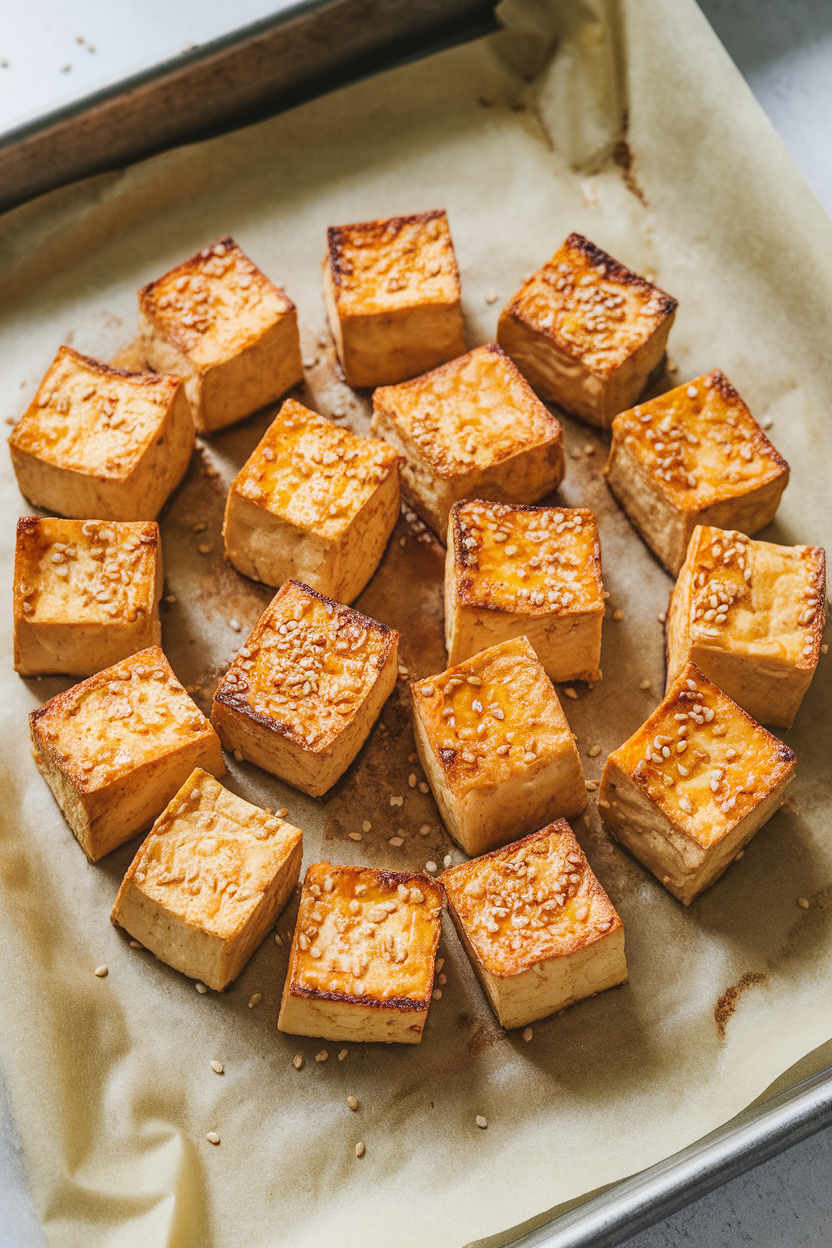 Photo of golden baked tofu cubes sprinkled with sesame seeds on a parchment-lined tray indoors, no text or logos