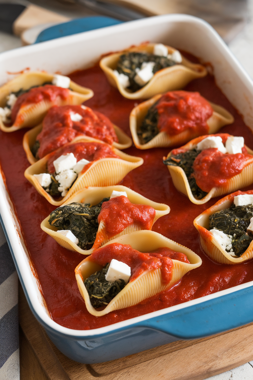 A baking dish indoors filled with jumbo pasta shells stuffed with spinach and feta, marinara pooling around them. No text or logos. Photo.