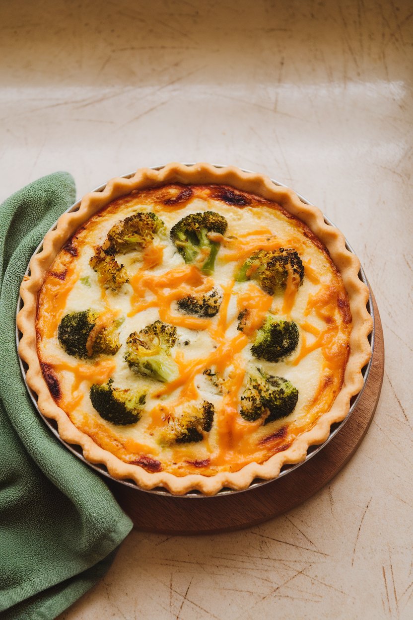 A pie dish on an indoor countertop holding a golden crustless quiche dotted with broccoli florets and melted cheddar. No text or logos. Photo.