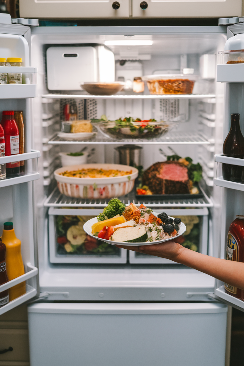 An open fridge with assorted leftovers being pulled together on a plate indoors; no text or logos; photo