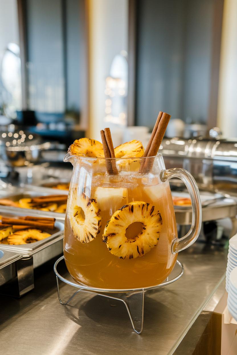 Indoor buffet counter featuring a clear glass pitcher of golden punch with grilled pineapple rings and cinnamon sticks visible. No text or logos; photograph, not illustration.