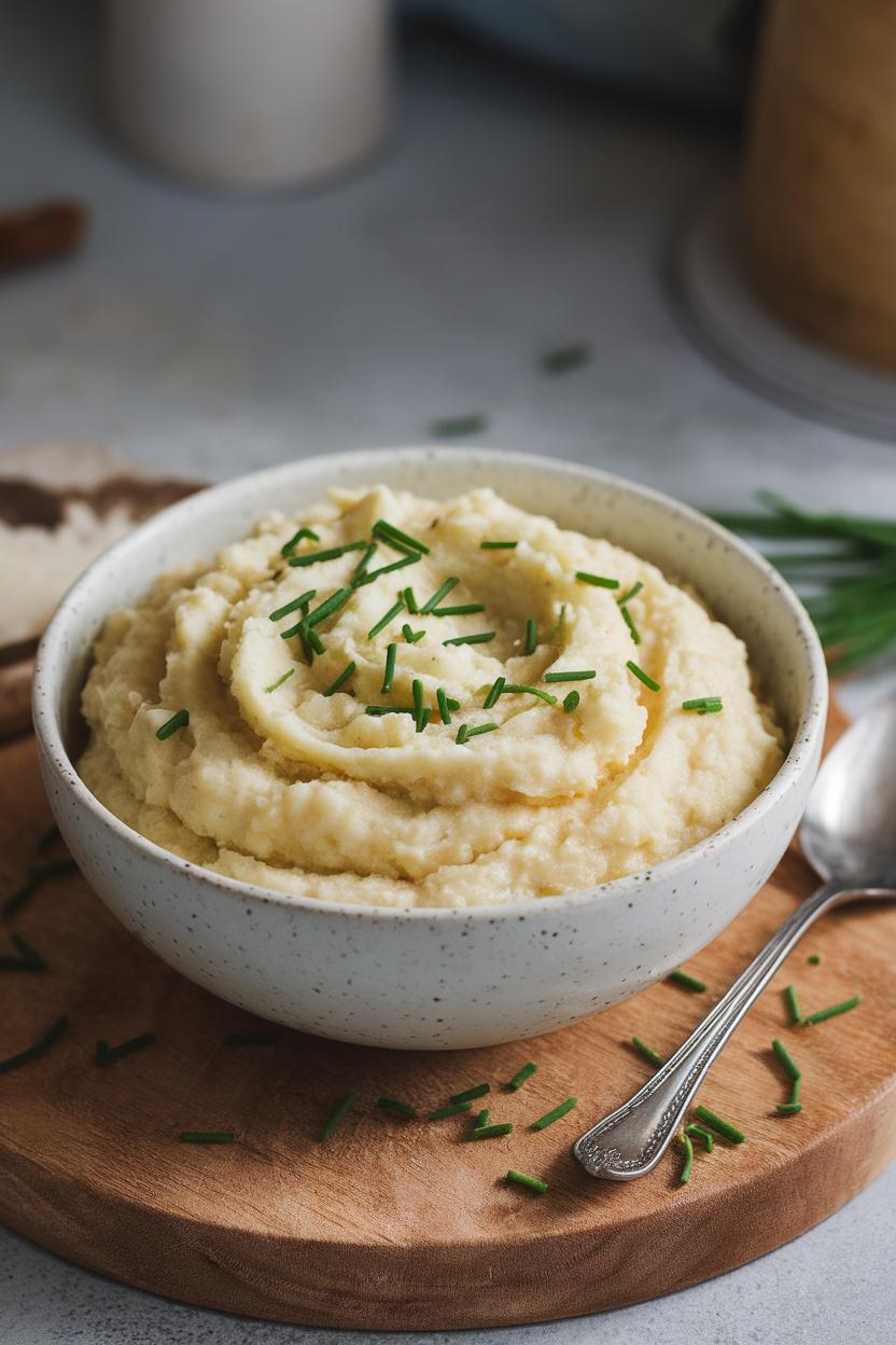 An indoor dining scene showing a white bowl of creamy cauliflower mash topped with finely snipped chives, steam rising gently. No logos or text. Photo only.