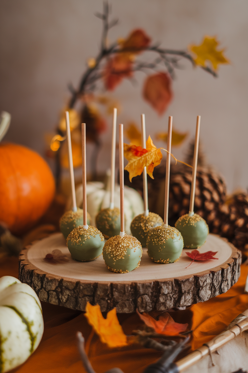 Photo, not illustration. Indoor autumn-inspired table. Caramel-green candy-coated cake pops with a small white chocolate “stem,” rolled in gold sanding sugar, placed on a wooden slab. No text or logos.