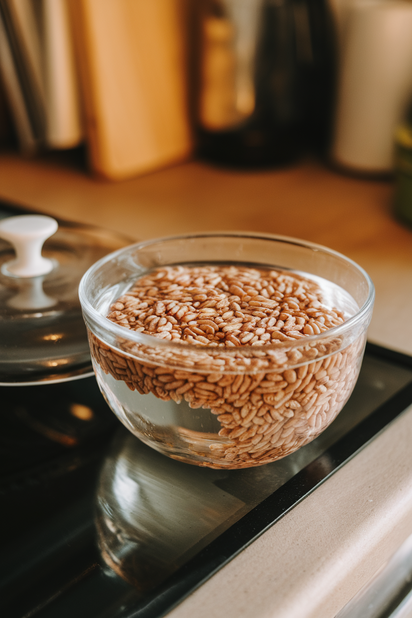 Photo of a glass bowl of farro soaking in water on an indoor countertop beside a covered lid. No text or logos.
