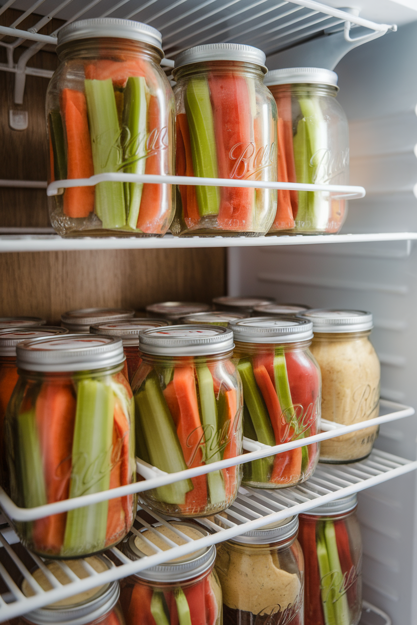 An open refrigerator shelf showing clear mason jars filled with carrot sticks, celery, and bell-pepper strips, each topped with a small portion cup of hummus. No text or logos. Photo.
