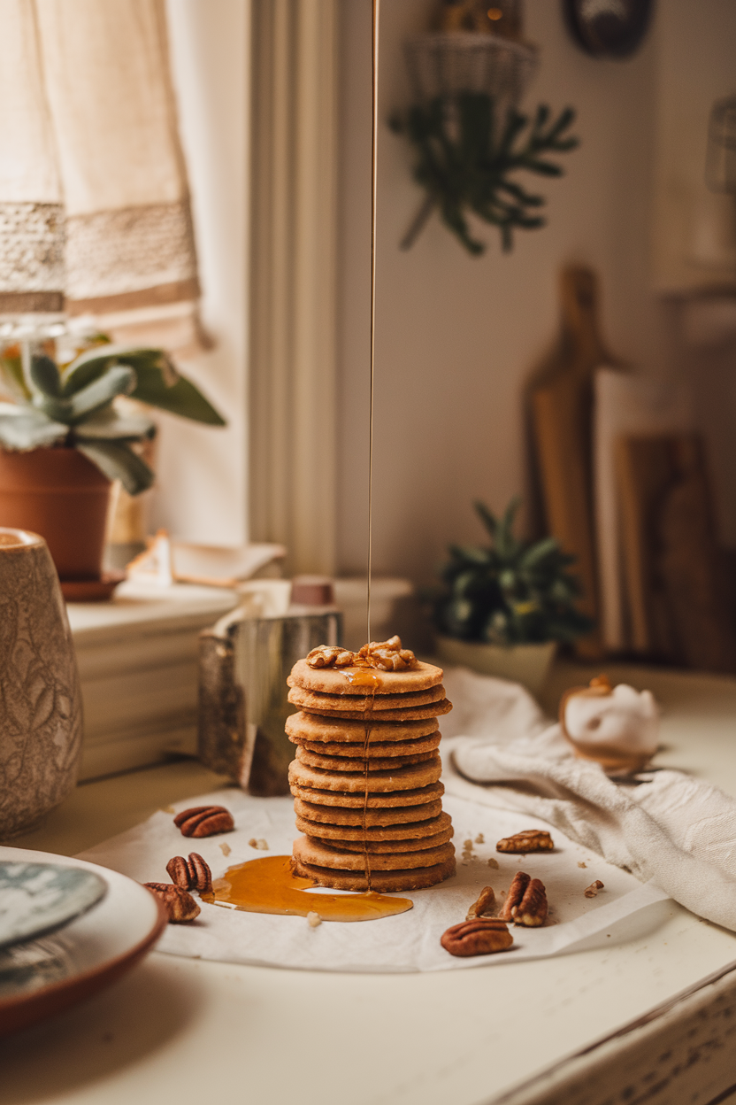 Photo prompt: Cozy kitchen table with a small stack of maple-pecan shortbread cookies beside a drizzle of maple syrup and scattered toasted pecans, indoor lighting, no text or logos.
