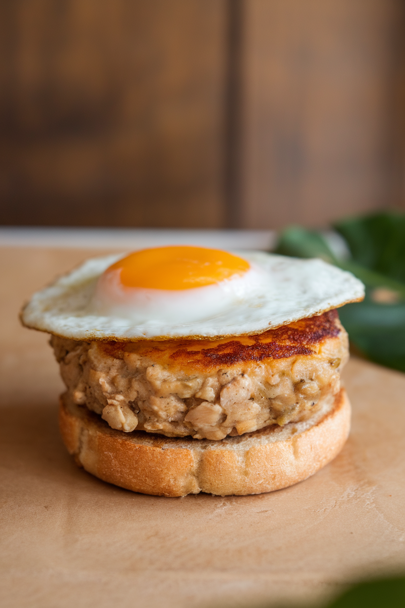 Photo of a chicken-apple patty topped with a fried egg, presented on a small whole-grain English muffin indoors; no text or logos; photo, not illustration