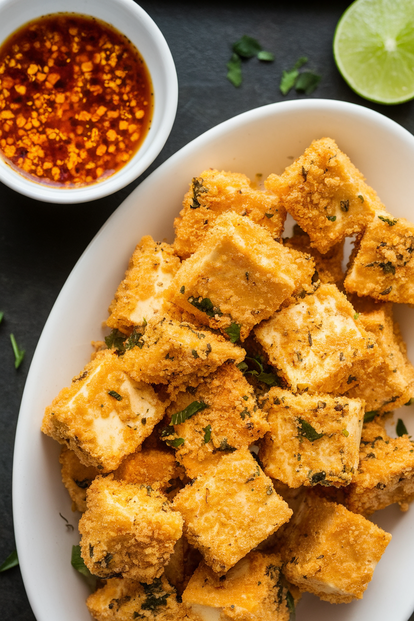 An indoor platter of golden, breadcrumb-coated tofu cubes with a small bowl of bright chili-lime sauce, photographed from overhead. No text or logos anywhere.