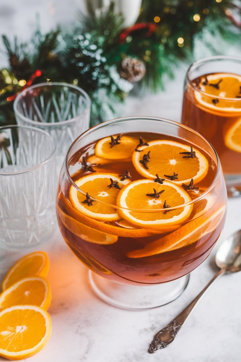 Indoor holiday punch station showing a glass punch bowl filled with orange and lemon wheels studded with cloves floating atop amber punch. No text or logos; photograph, not illustration.
