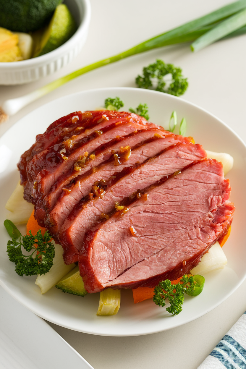 An indoor plate with sliced lean ham steak coated in glossy ginger-honey glaze, garnished with parsley. No text or logos. Photo only.