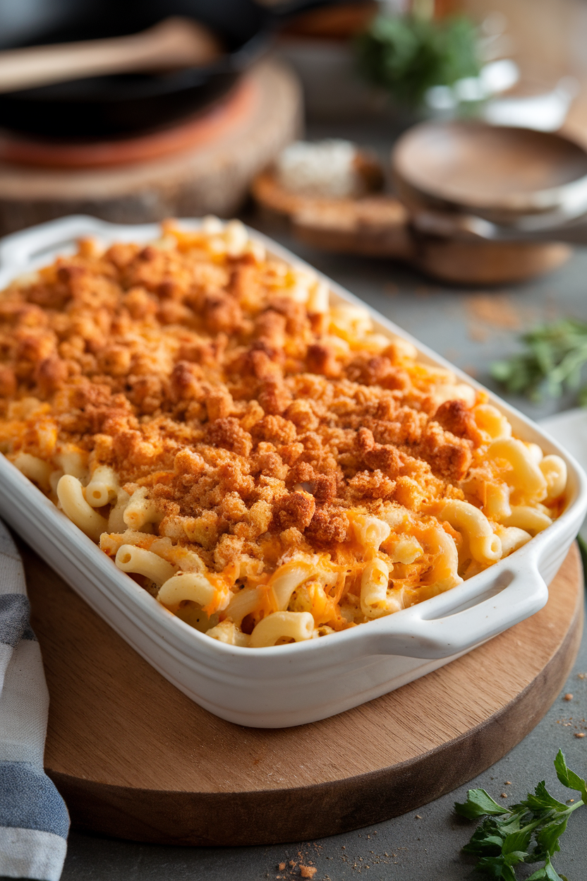 An indoor casserole of elbow macaroni blanketed in melted cheddar, breadcrumb topping crisp, photo, no text or logos.