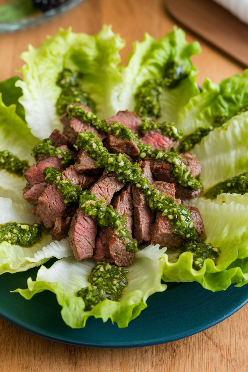 Indoor plate of crisp butter lettuce leaves filled with beef drizzled in green chimichurri, no text or logos.