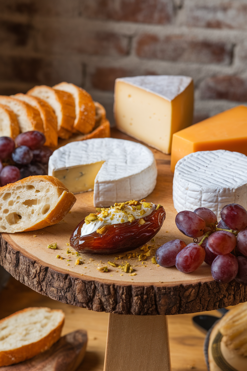 An indoor cheese board with glossy Medjool dates split open and filled with goat cheese, crushed pistachios sprinkled. Photo, no text or logos.