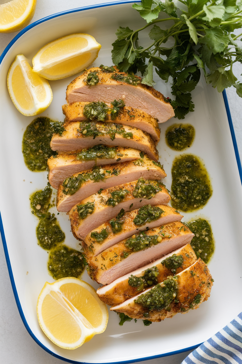 White indoor platter with sliced air-fried chicken breast drizzled in green chimichurri sauce, photographed overhead. No text or logos.